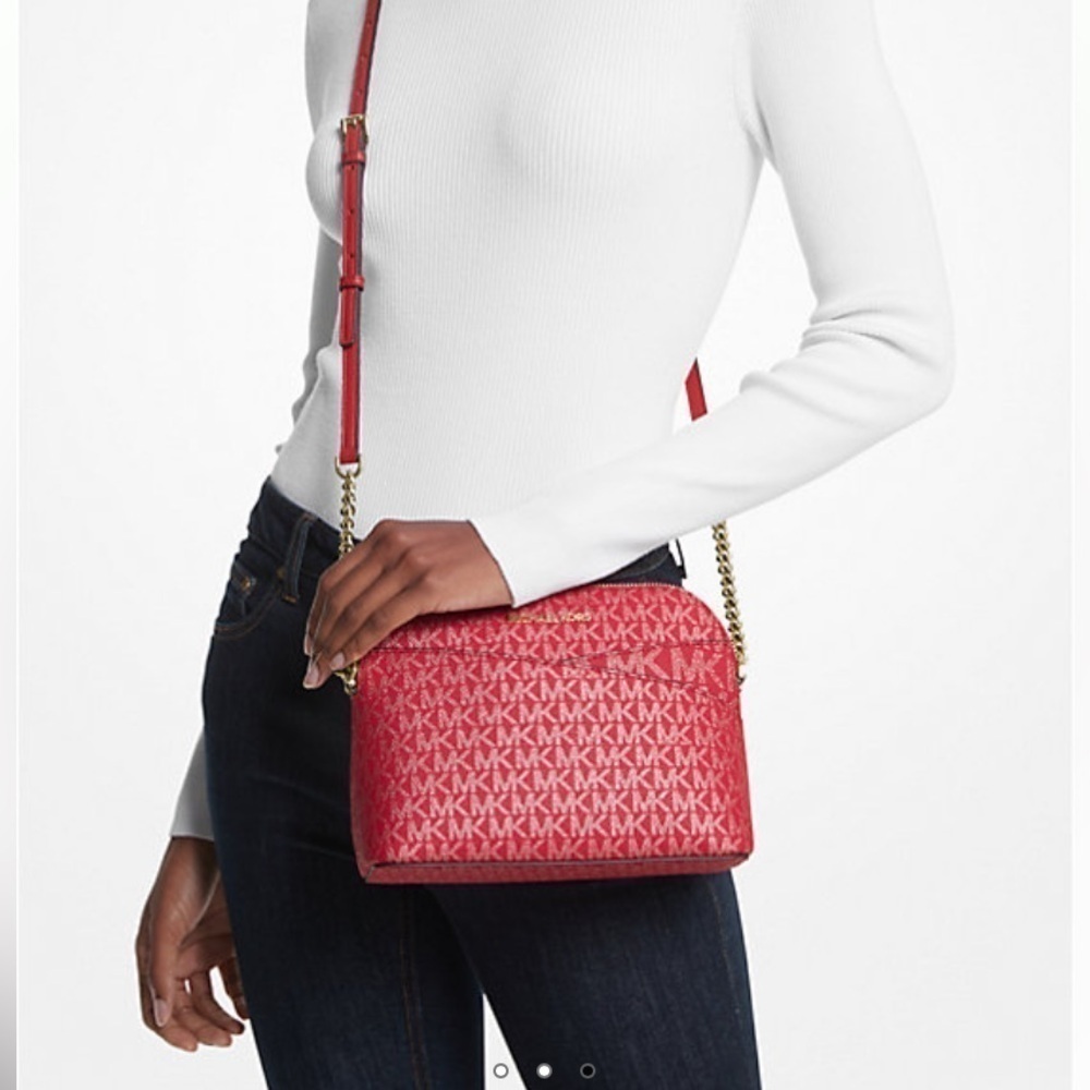 Michael Kors Jet Set Red Metallic Signature Logo Dome Crossbody Bag New Handbag - Picture 8 of 9